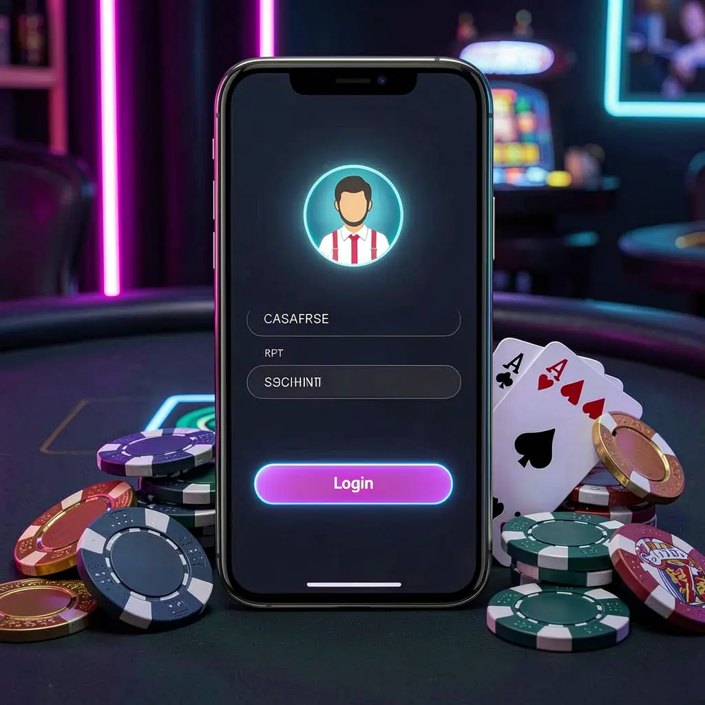 95KO casino app login scene on smartphone with glowing user profile icon, surrounded by chips, cards, and coins against an elegant dark background with neon highlights