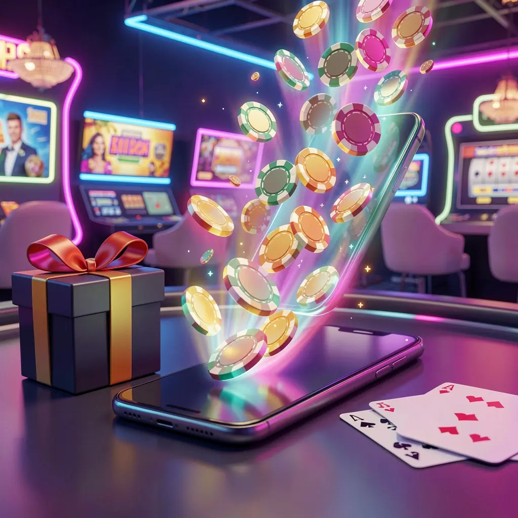 95KO mobile casino bonus scene with a modern smartphone displaying glowing casino chips and coins emerging from the screen, surrounded by a gift box and playing cards in a bright neon casino atmosphere