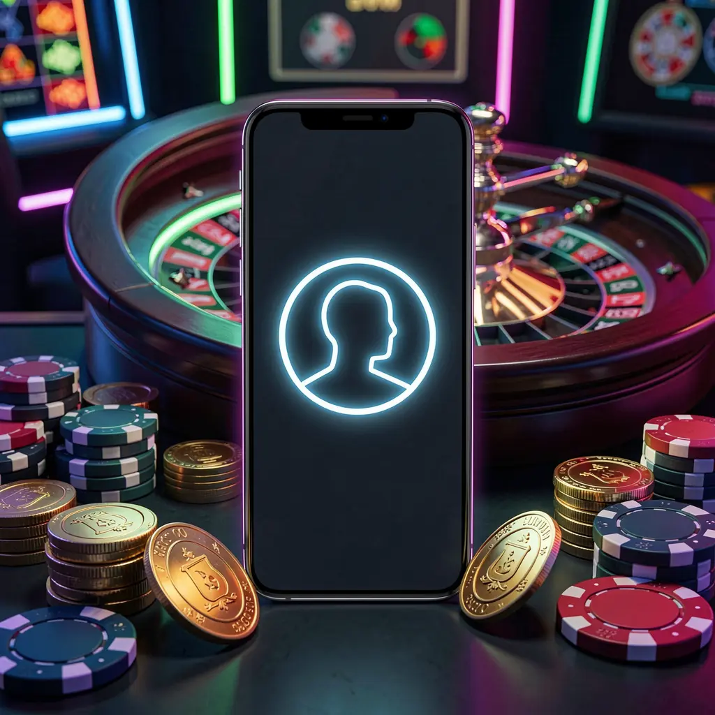 95KO online casino login screen featuring a modern phone with glowing profile icon, roulette lights in the background, golden coins and poker chips in a premium dark neon atmosphere