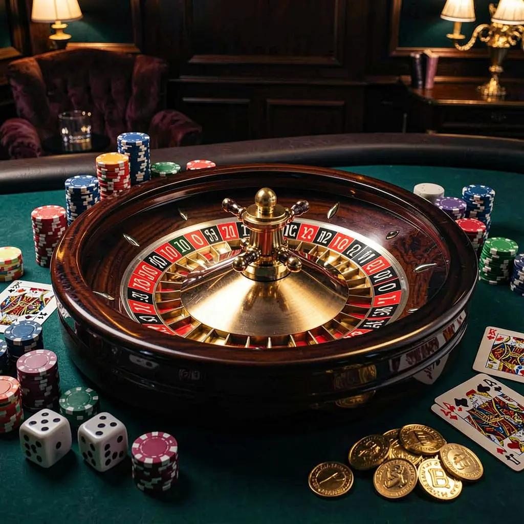 Premium casino homepage scene featuring a spinning roulette wheel on a glossy table surrounded by poker chips, dice, cards, and golden coins with elegant dark background and cinematic lighting, showcasing 95KO brand's luxurious gaming experience