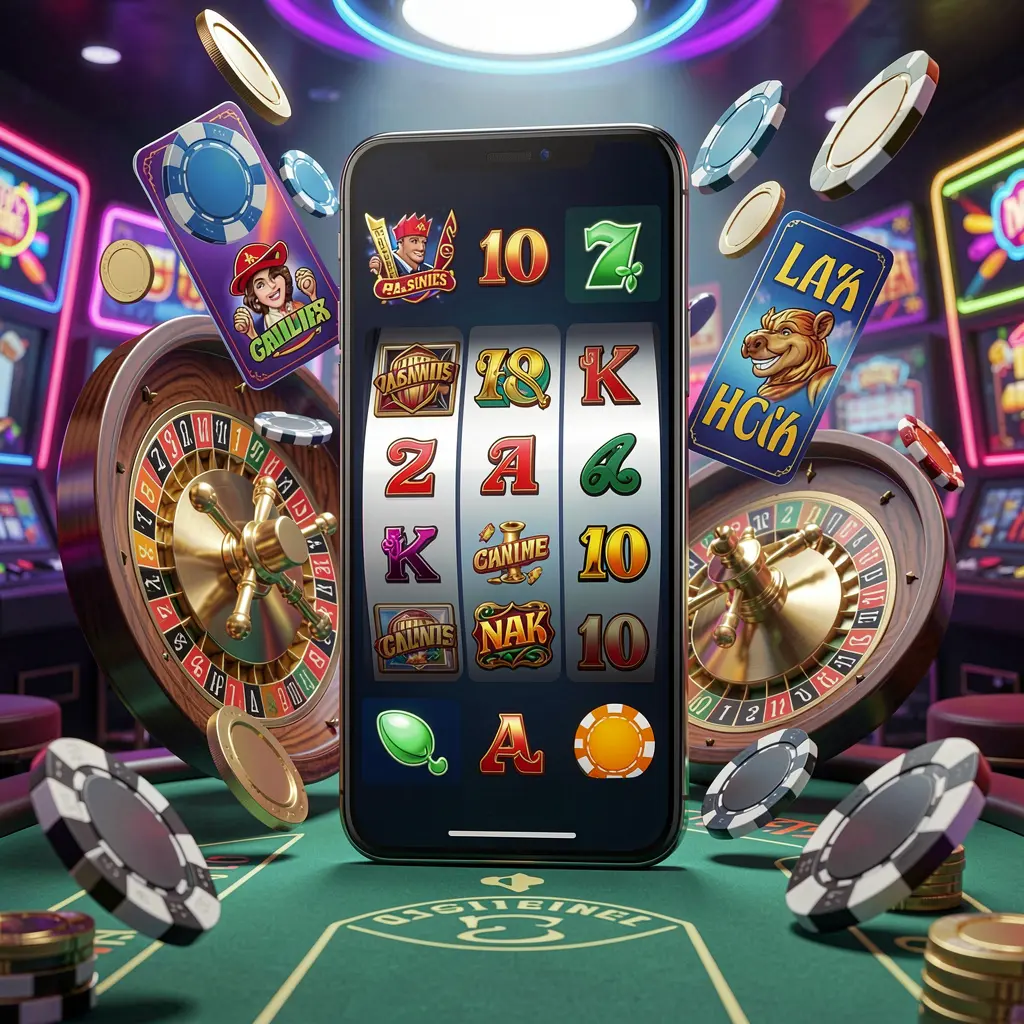 95KO casino entertainment homepage concept featuring a modern mobile phone surrounded by slot symbols, a roulette wheel, chips, and coins floating against a neon casino background in a premium 3D render